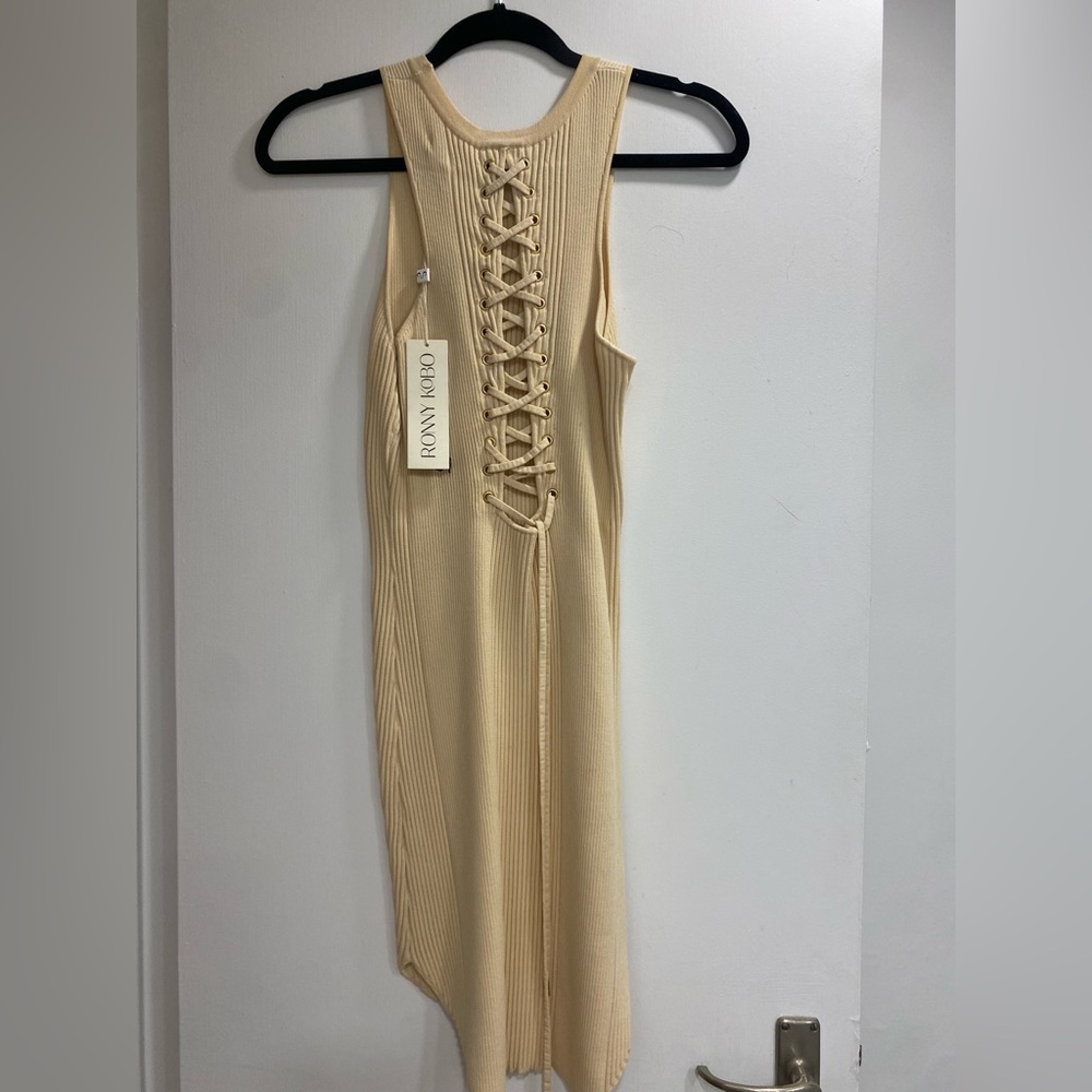 Ronny Kobo Ribbed Lace-Up Beige Dress